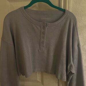Long Sleeve Waffle-Knit Cropped Sleep Henley